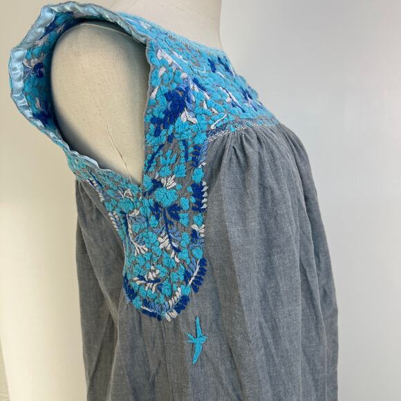 Mi Golondrina Arroyo Mini Dress Blue Floral Embroidered Cotton - Picture 4 of 9